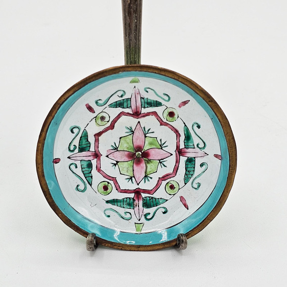 Vintage Set 3 Minature Copper Enamelware Plates 2.75" diam Floral Bird Dish - Picture 4 of 7